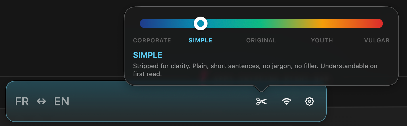 Skald glass input panel with the tone slider open, showing Simple selected on a gradient from Corporate to Vulgar
